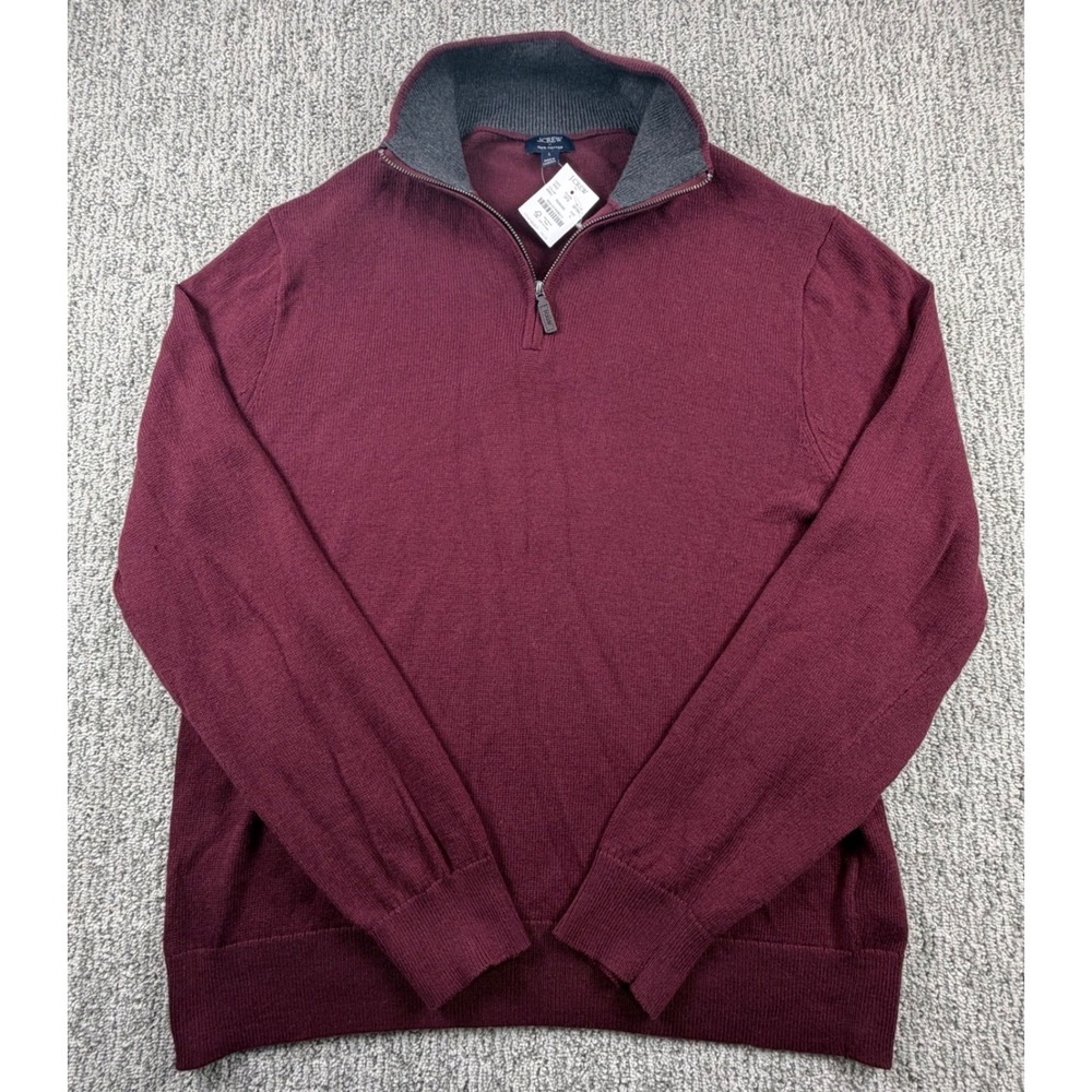 J.Crew Quarter-Zip Pullover Mens L Burgundy Cotton Knit Sweater BF091 NEW